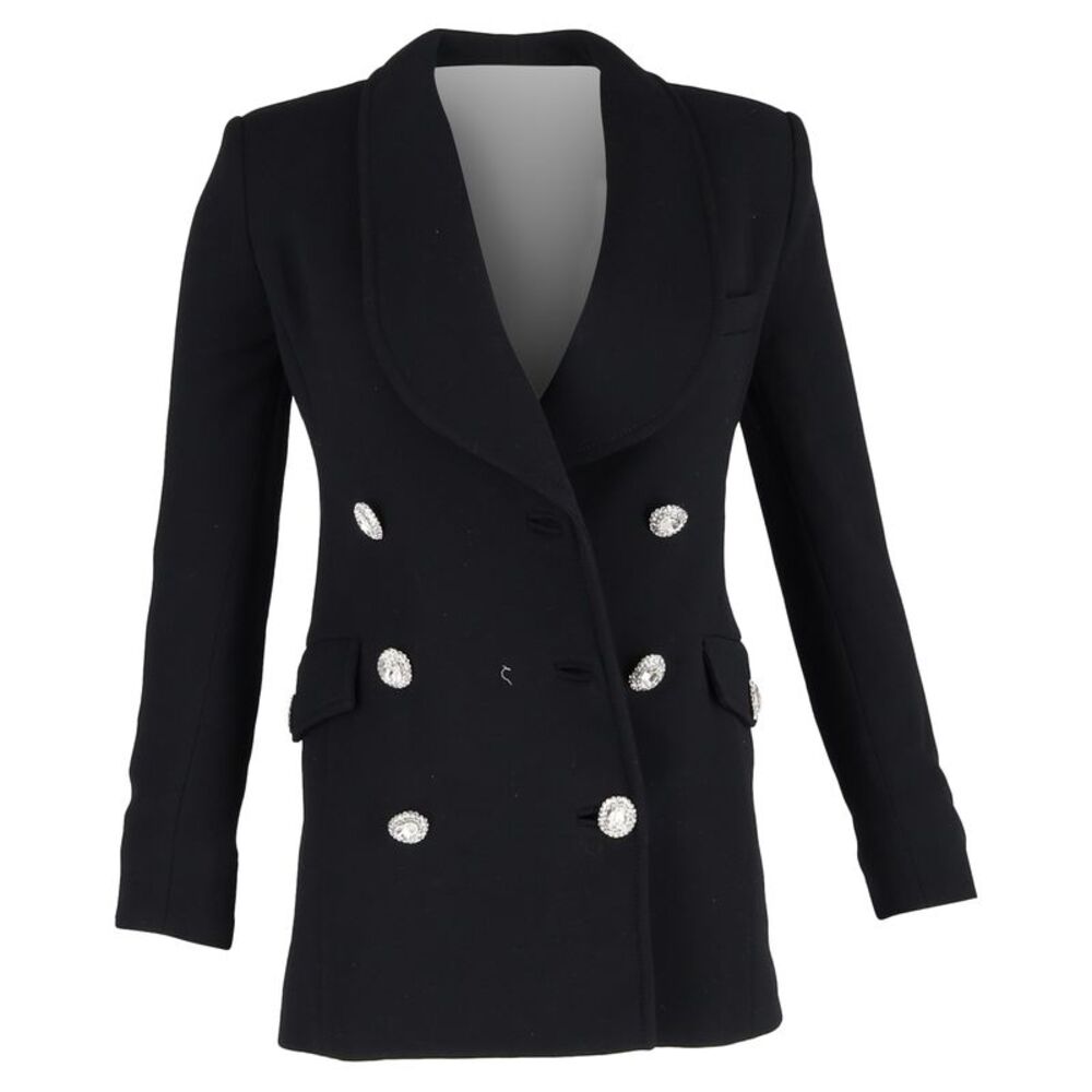 Alessandra Rich Double-Breasted Crystal Button Blazer in Black Wool